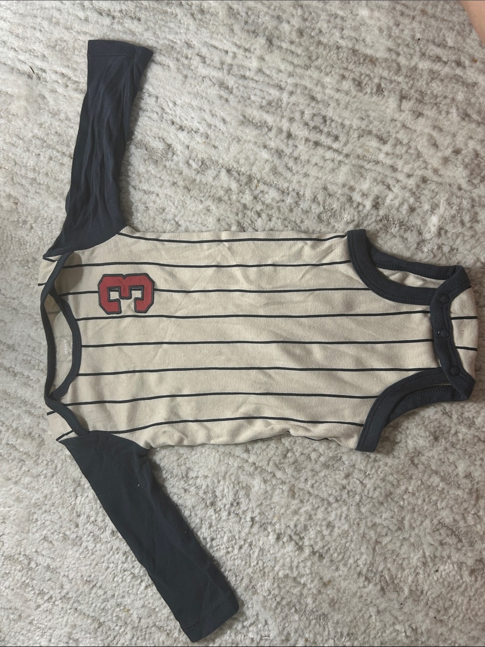 Striped Beige & Navy Baby Bodysuit with Red Number 3